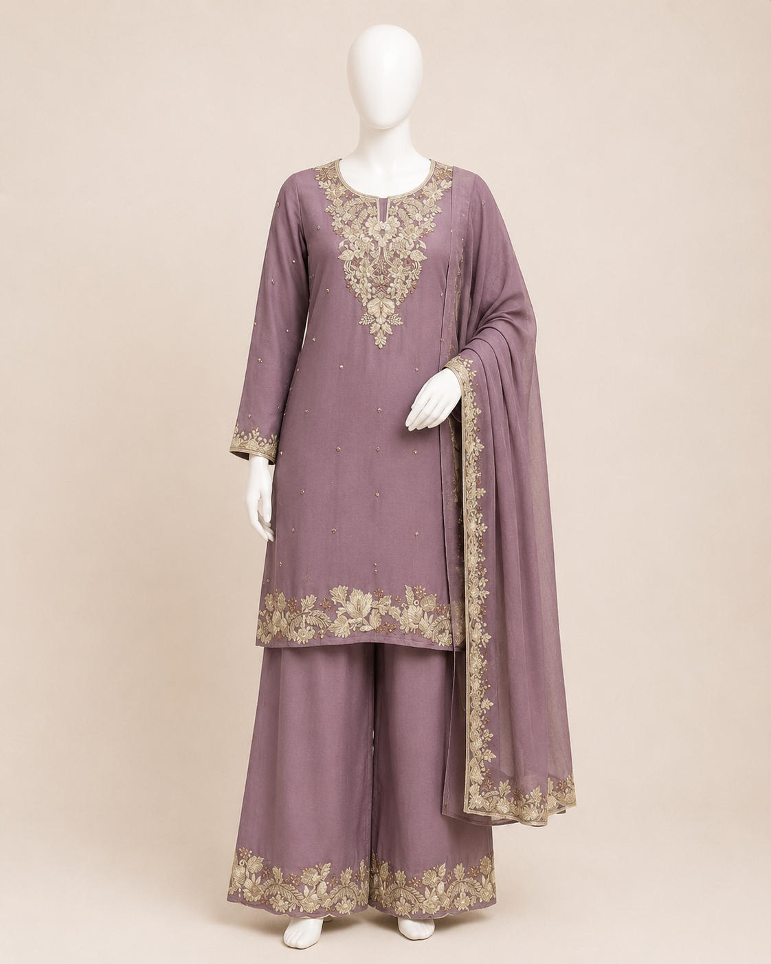 Mauve Embroidered Kurta Palazzo Set with Dupatta - Image 2