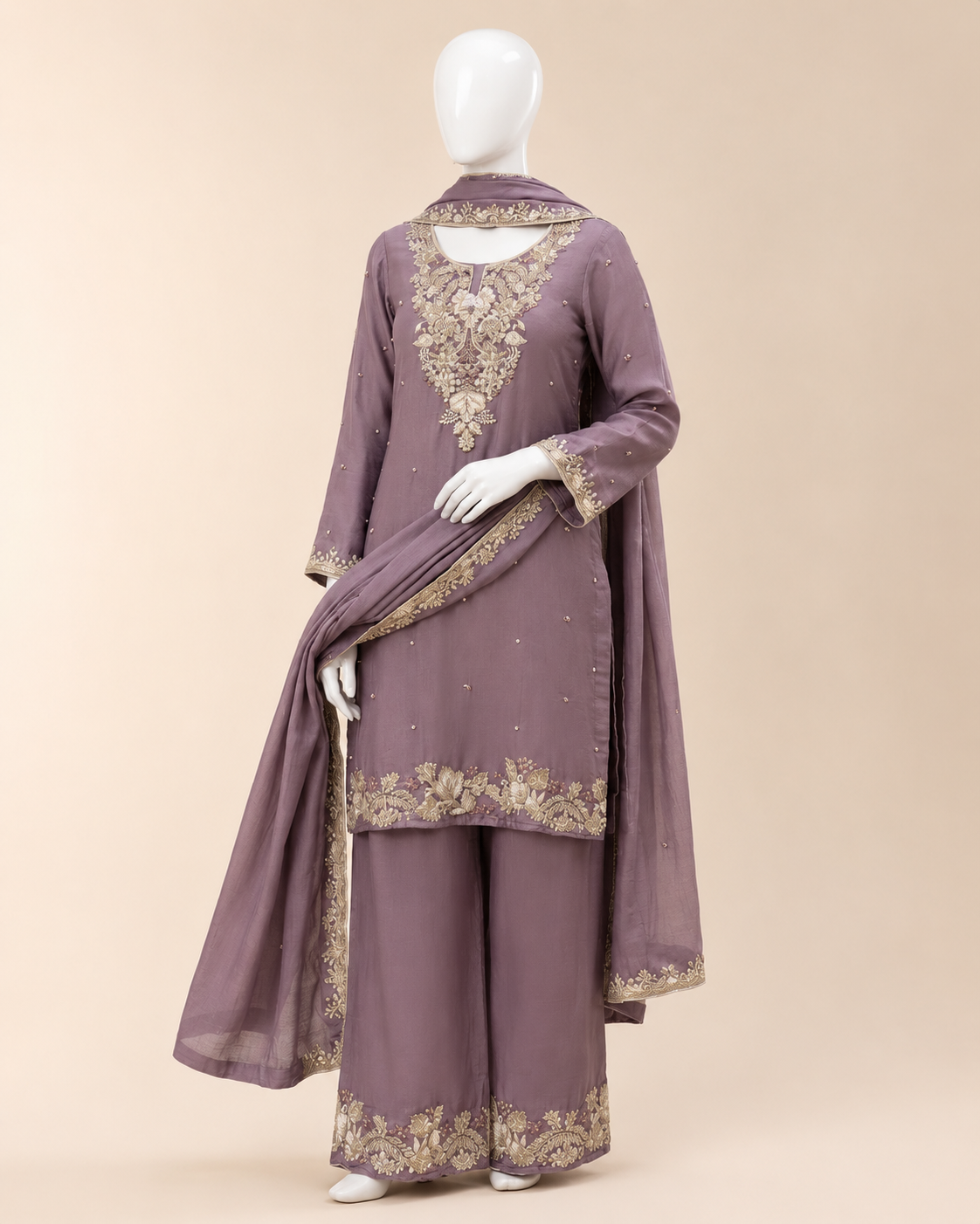 Mauve Embroidered Kurta Palazzo Set with Dupatta - Image 3