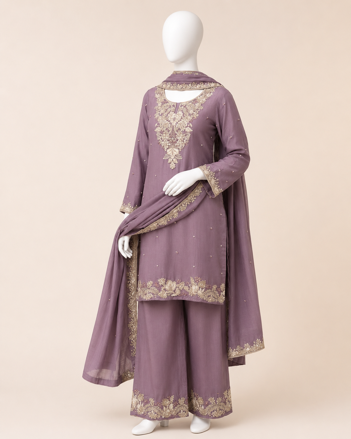 Mauve Embroidered Kurta Palazzo Set with Dupatta - Image 4