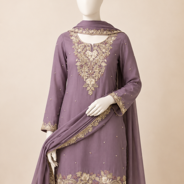 Mauve Embroidered Kurta Palazzo Set with Dupatta