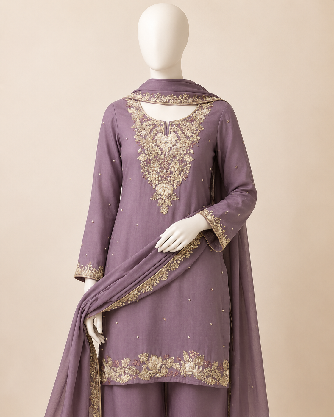 Mauve Embroidered Kurta Palazzo Set with Dupatta