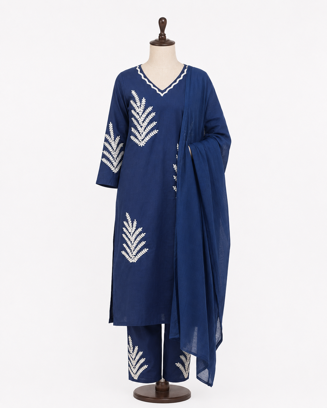 Elegant Navy Blue Embroidered Cotton Kurta Set with Dupatta - Image 2