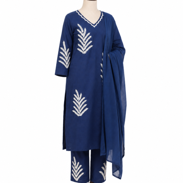 Elegant Navy Blue Embroidered Cotton Kurta Set with Dupatta