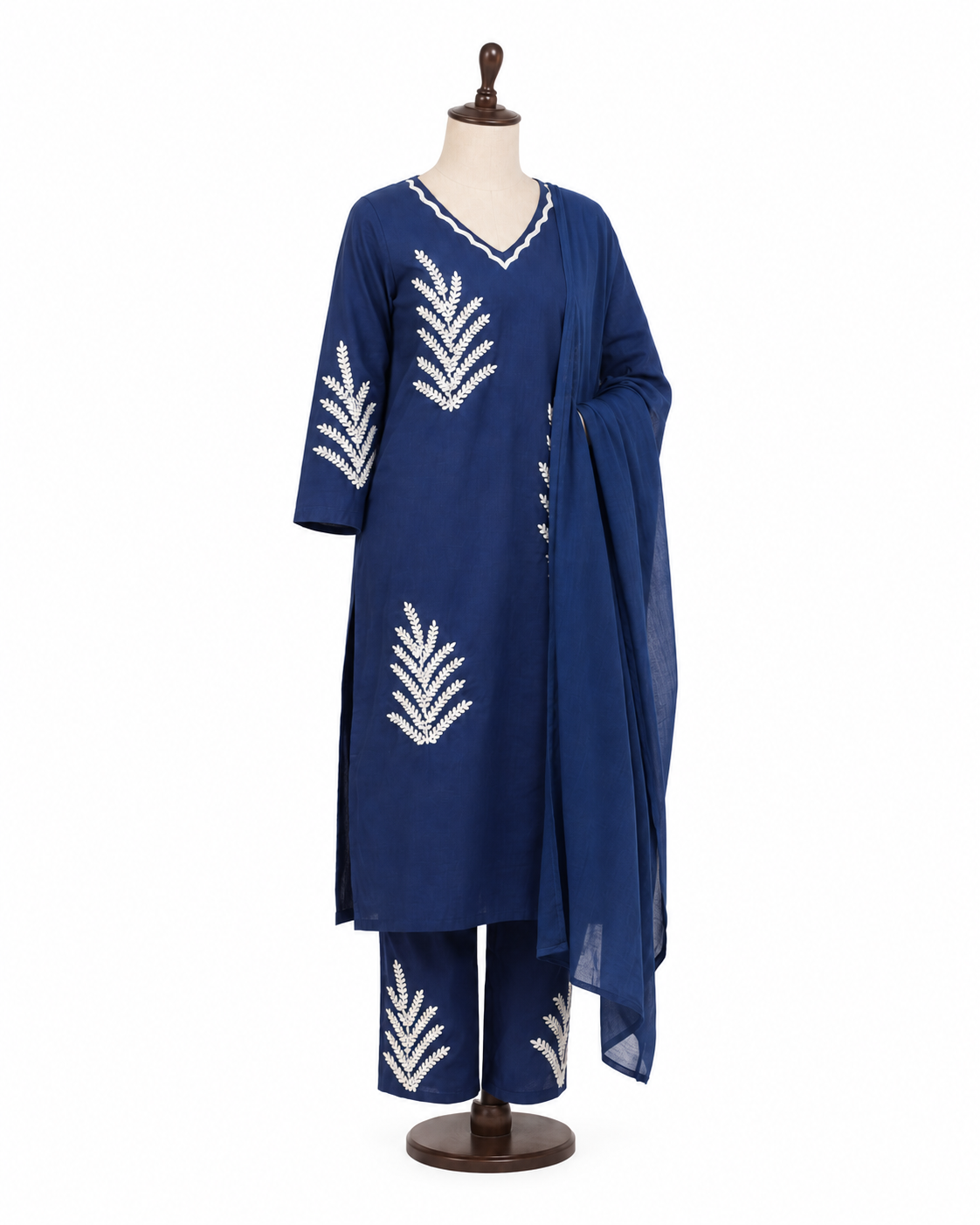 Elegant Navy Blue Embroidered Cotton Kurta Set with Dupatta