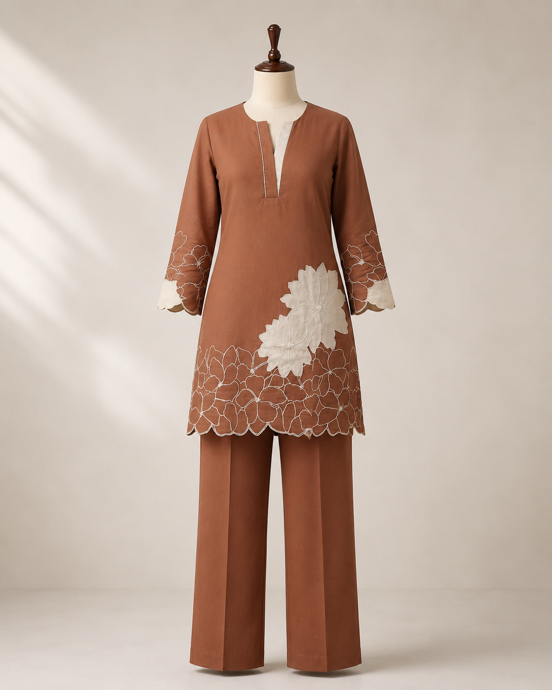 Elegant Rust Brown Floral Embroidered Co-Ord Set - Image 2