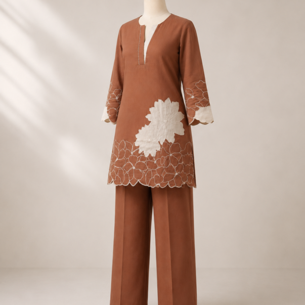 Elegant Rust Brown Floral Embroidered Co-Ord Set