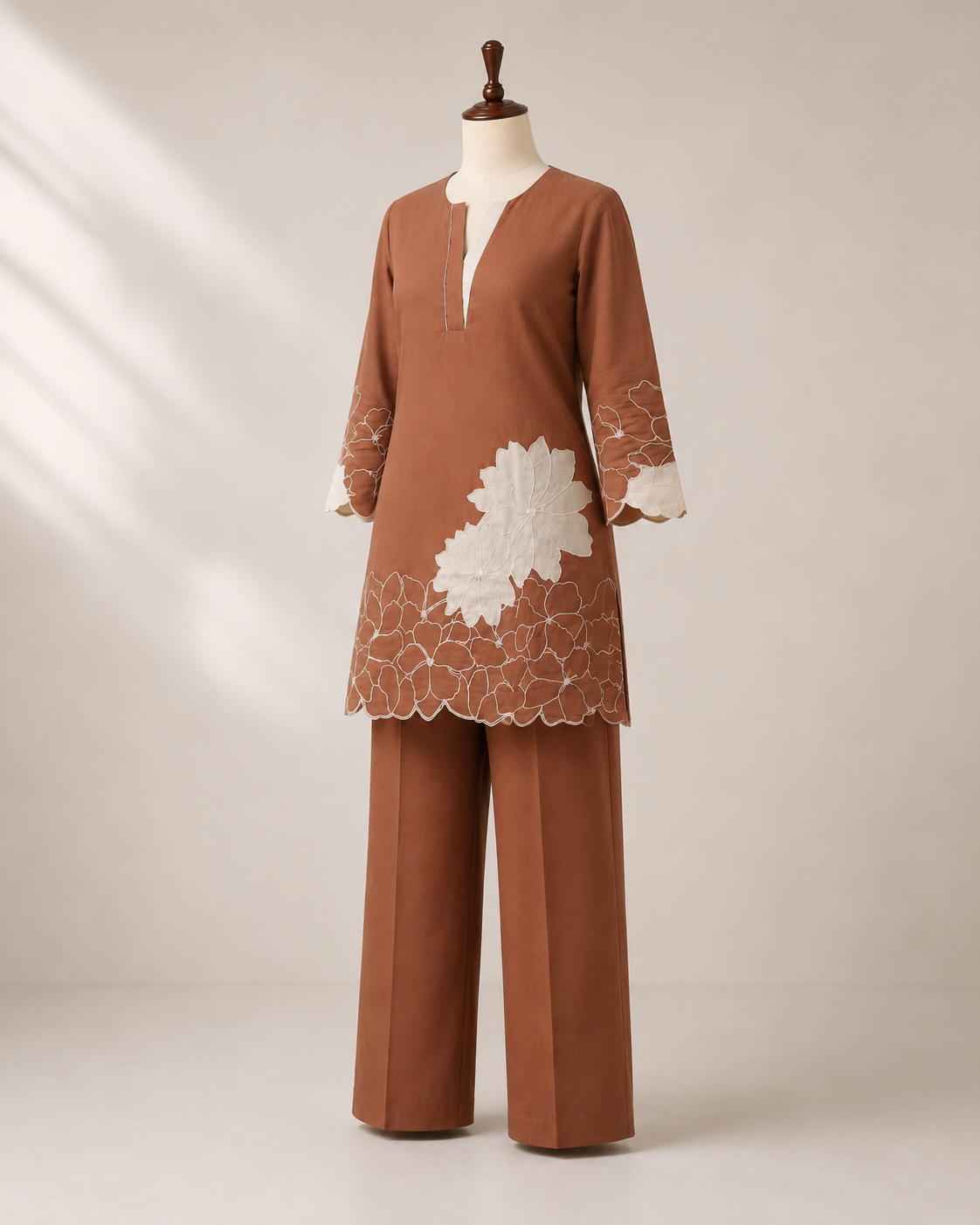 Elegant Rust Brown Floral Embroidered Co-Ord Set