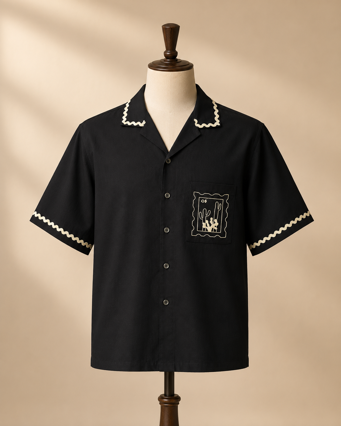 Black Embroidered Cuban Collar Cotton Shirt - Image 2