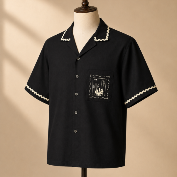 Black Embroidered Cuban Collar Cotton Shirt