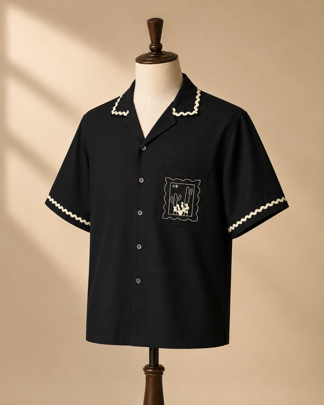Black Embroidered Cuban Collar Cotton Shirt