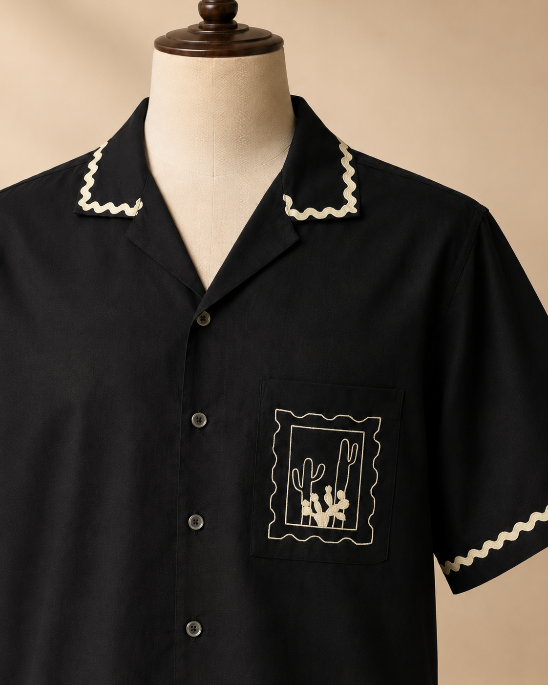 Black Embroidered Cuban Collar Cotton Shirt - Image 5