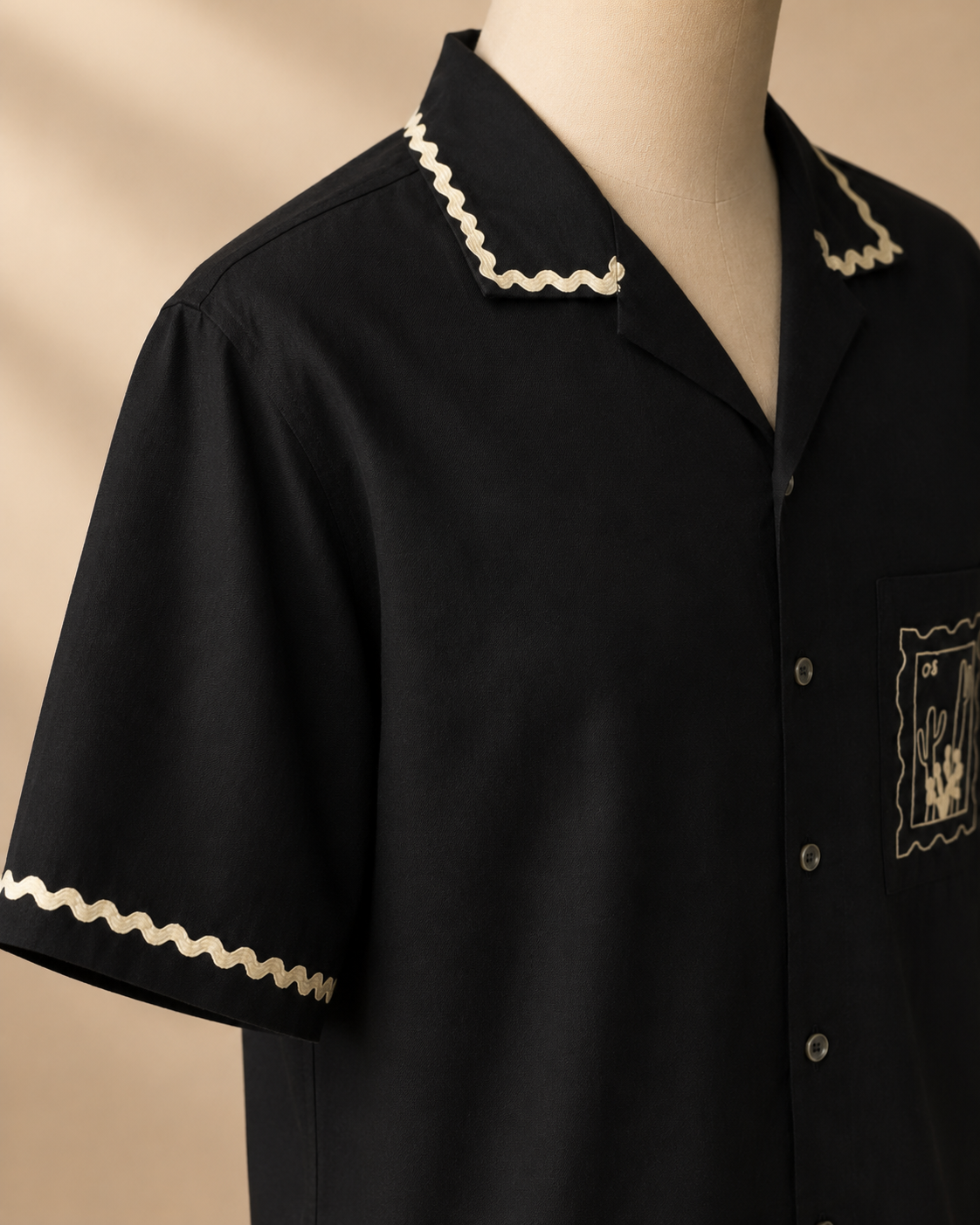 Black Embroidered Cuban Collar Cotton Shirt - Image 6