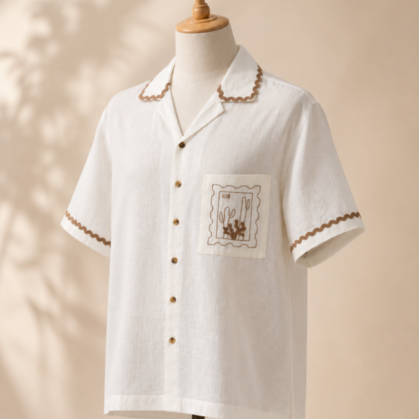 Men's White Cuban Collar Embroidered Shirt