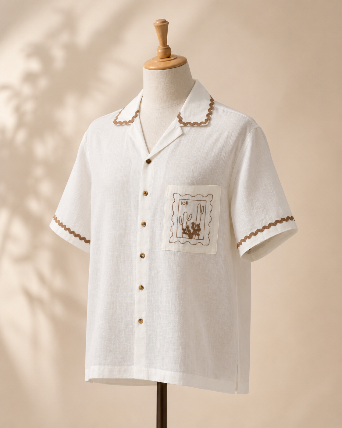 Men's White Cuban Collar Embroidered Shirt