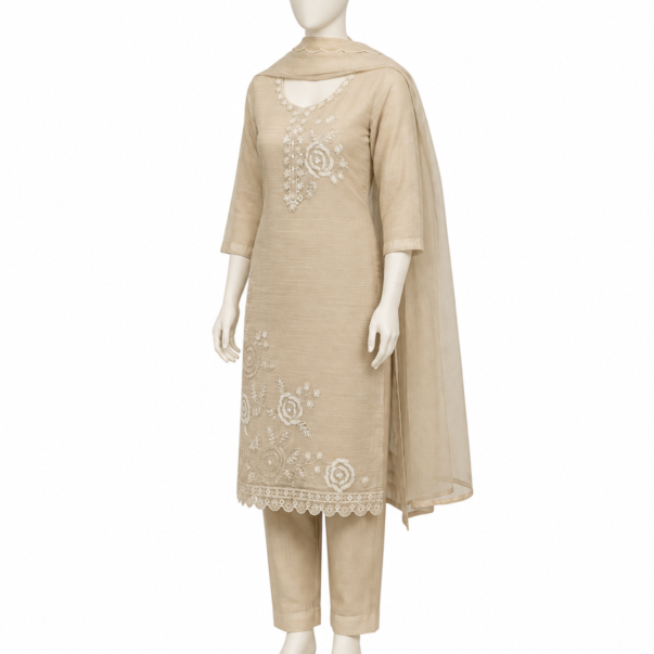 Beige Embroidered Kurta Set with Dupatta