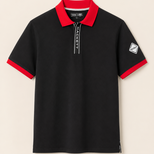 Black Polo T-Shirt with Red Contrast Collar
