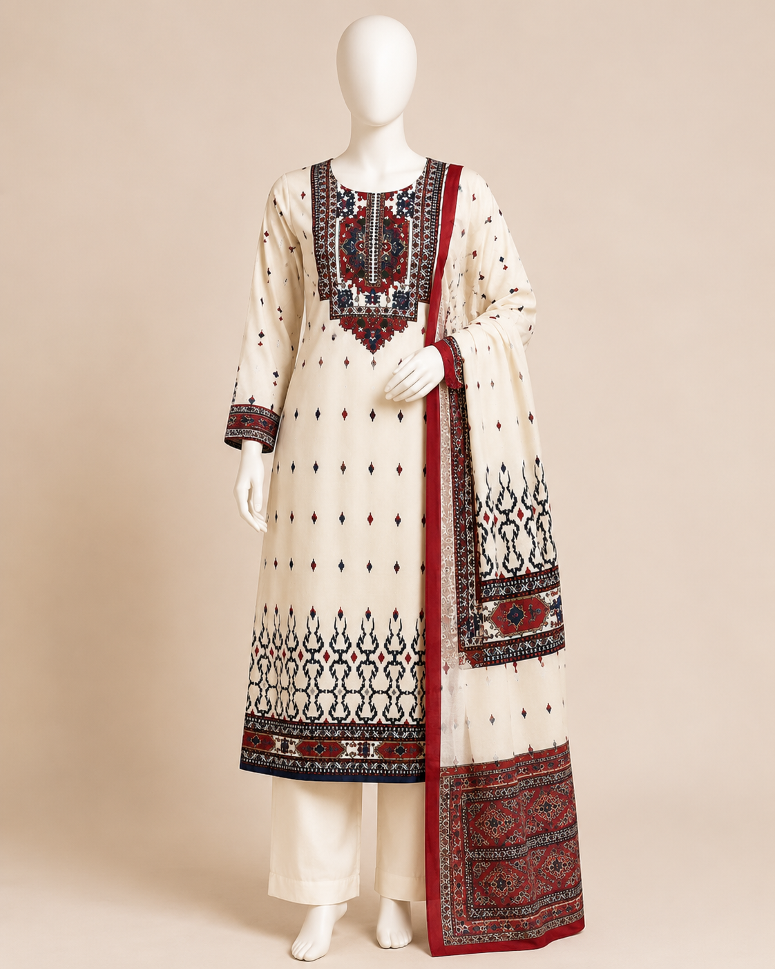 Cream Ethnic Printed Kurta Set with Dupatta - Image 2