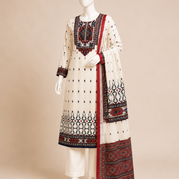 Cream Ethnic Printed Kurta Set with Dupatta