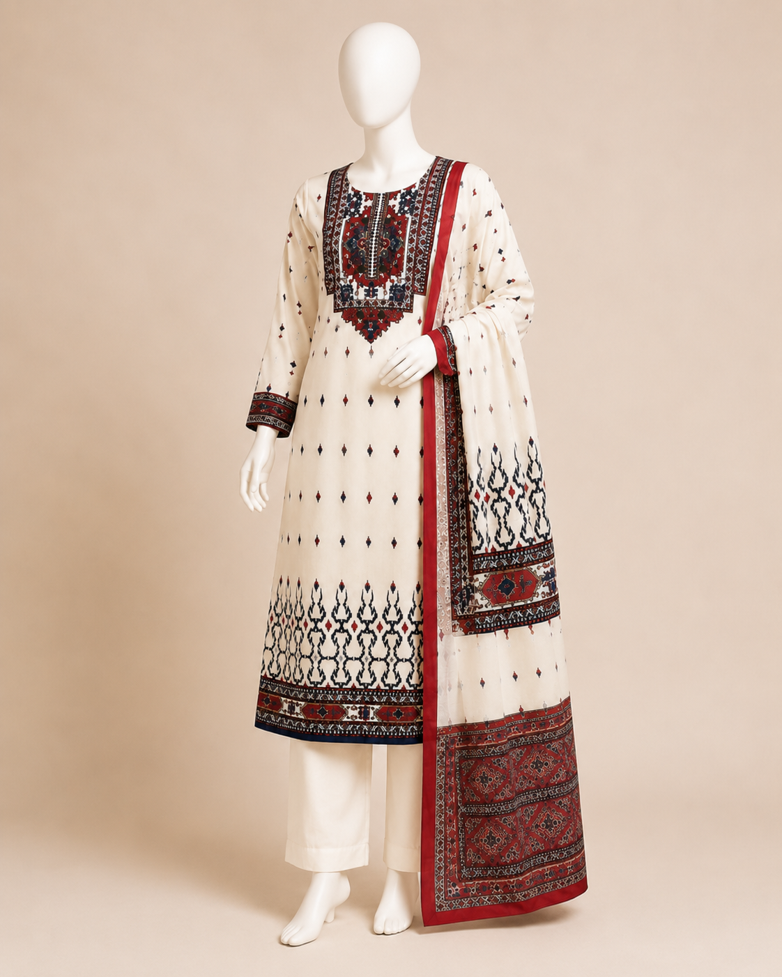 Cream Ethnic Printed Kurta Set with Dupatta