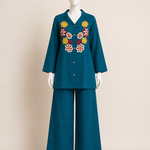 Teal Floral Embroidered Co-Ord Set – Shirt & Wide Leg Pants