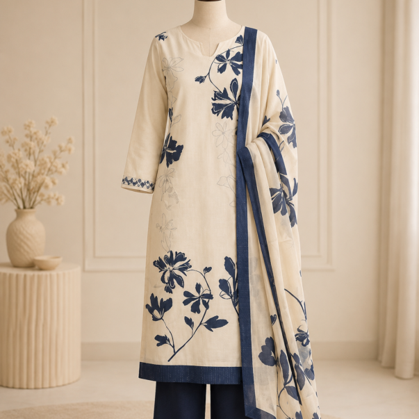Cream & Navy Blue Floral Printed Kurta Set with Dupatta | Elegant Ethnic Wear