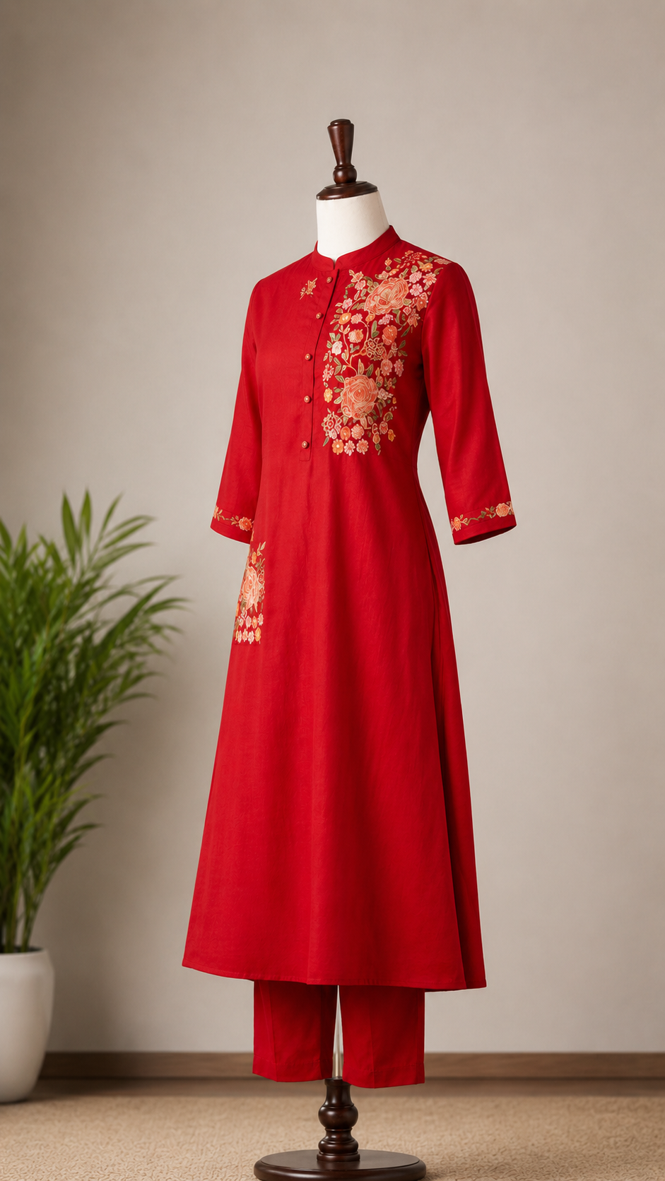 Red Embroidered Kurta Pant Set | Elegant Ethnic Wear for Festive & Casual Occasions - Image 3