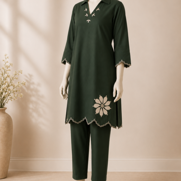 Dark Green Embroidered Kurta Pant Set | Elegant Casual & Ethnic Wear