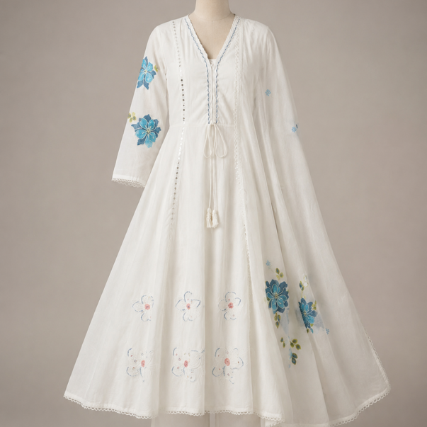 White Floral Embroidered Anarkali Kurta Set with Dupatta | Elegant Ethnic Wear