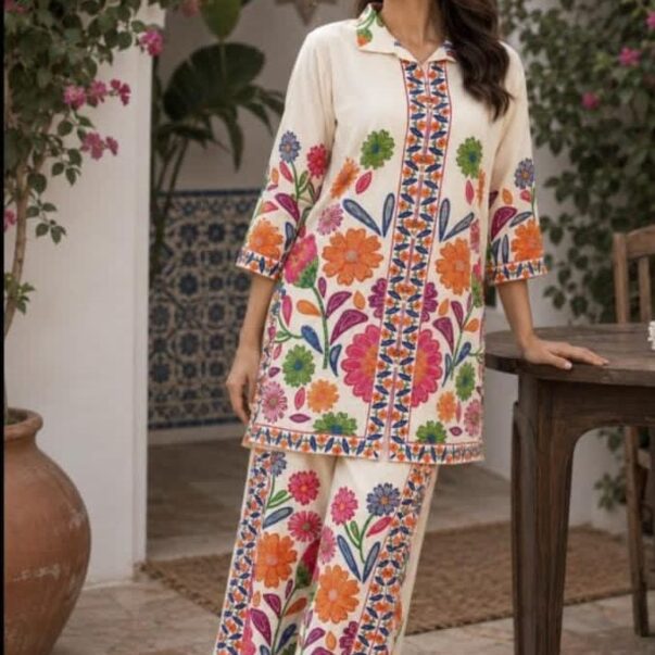 Floral Printed Co-Ord Set – Off White Shirt & Wide Leg Pants