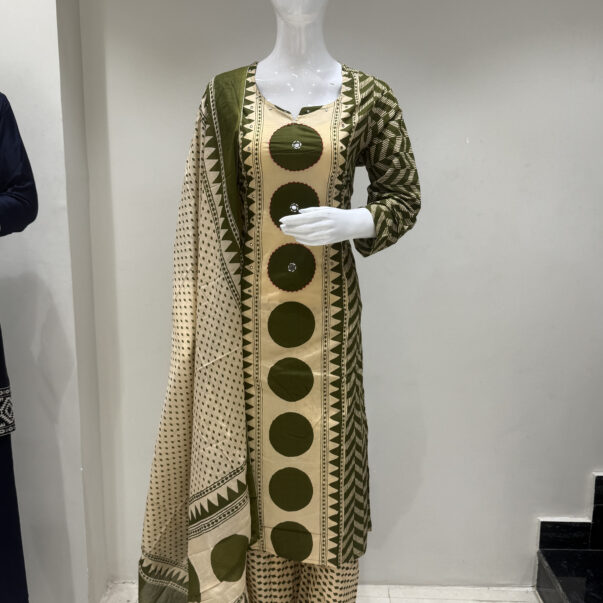 Olive Green & Beige Printed Cotton Kurta Set with Dupatta for Women
