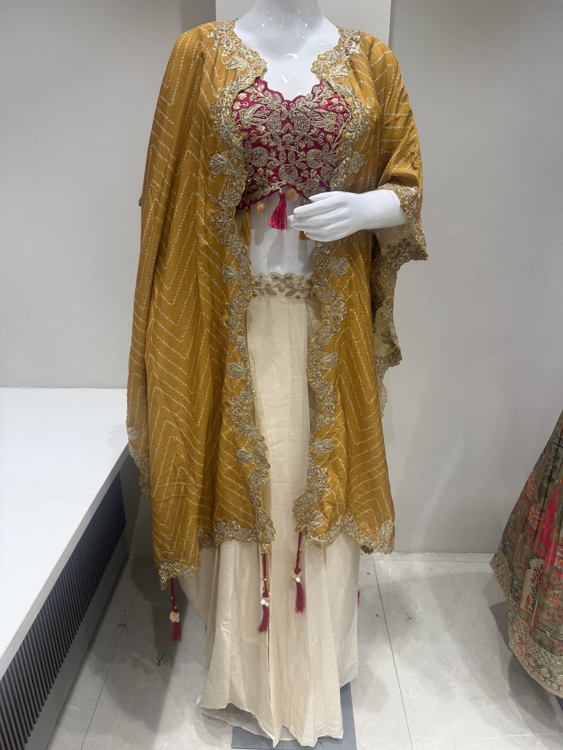 Mustard Yellow Designer Embroidered Cape with Magenta Blouse & Cream Lehenga Set - Image 5