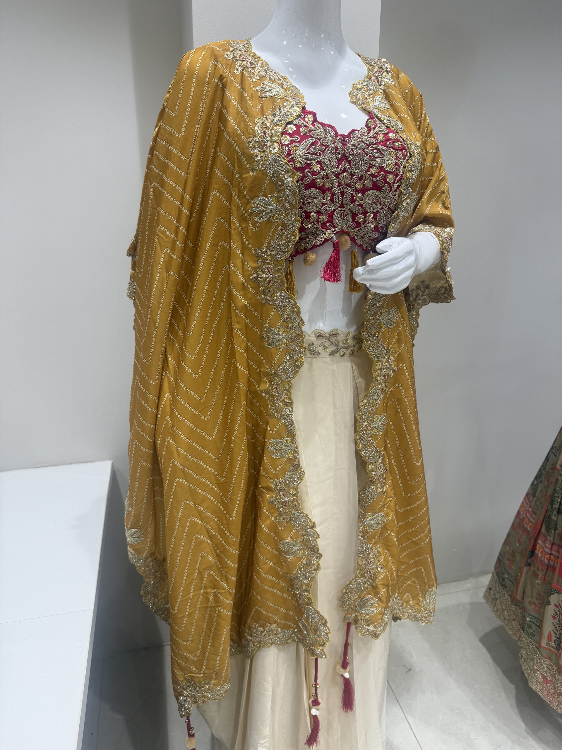 Mustard Yellow Designer Embroidered Cape with Magenta Blouse & Cream Lehenga Set - Image 3