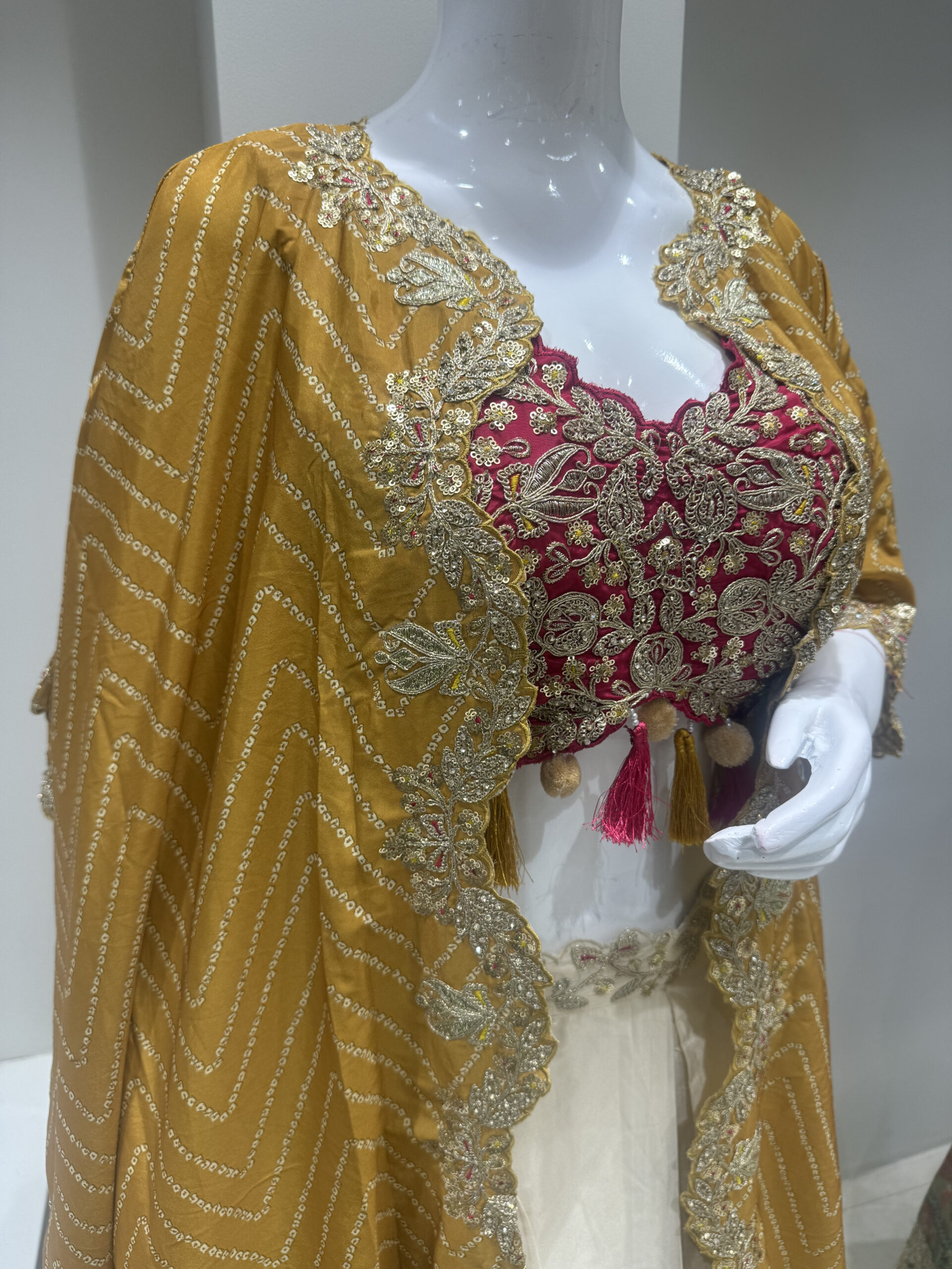 Mustard Yellow Designer Embroidered Cape with Magenta Blouse & Cream Lehenga Set - Image 2