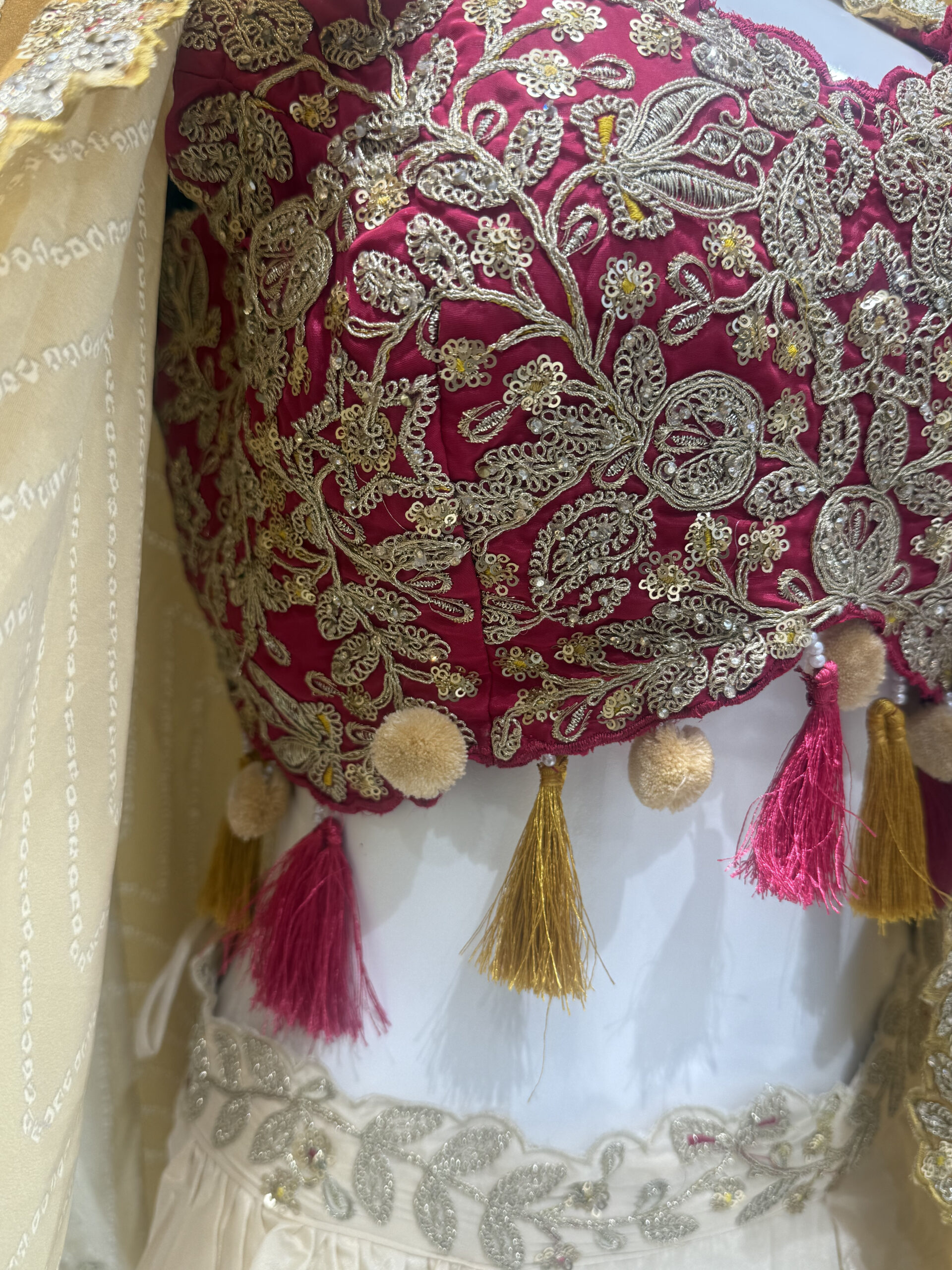 Mustard Yellow Designer Embroidered Cape with Magenta Blouse & Cream Lehenga Set - Image 6