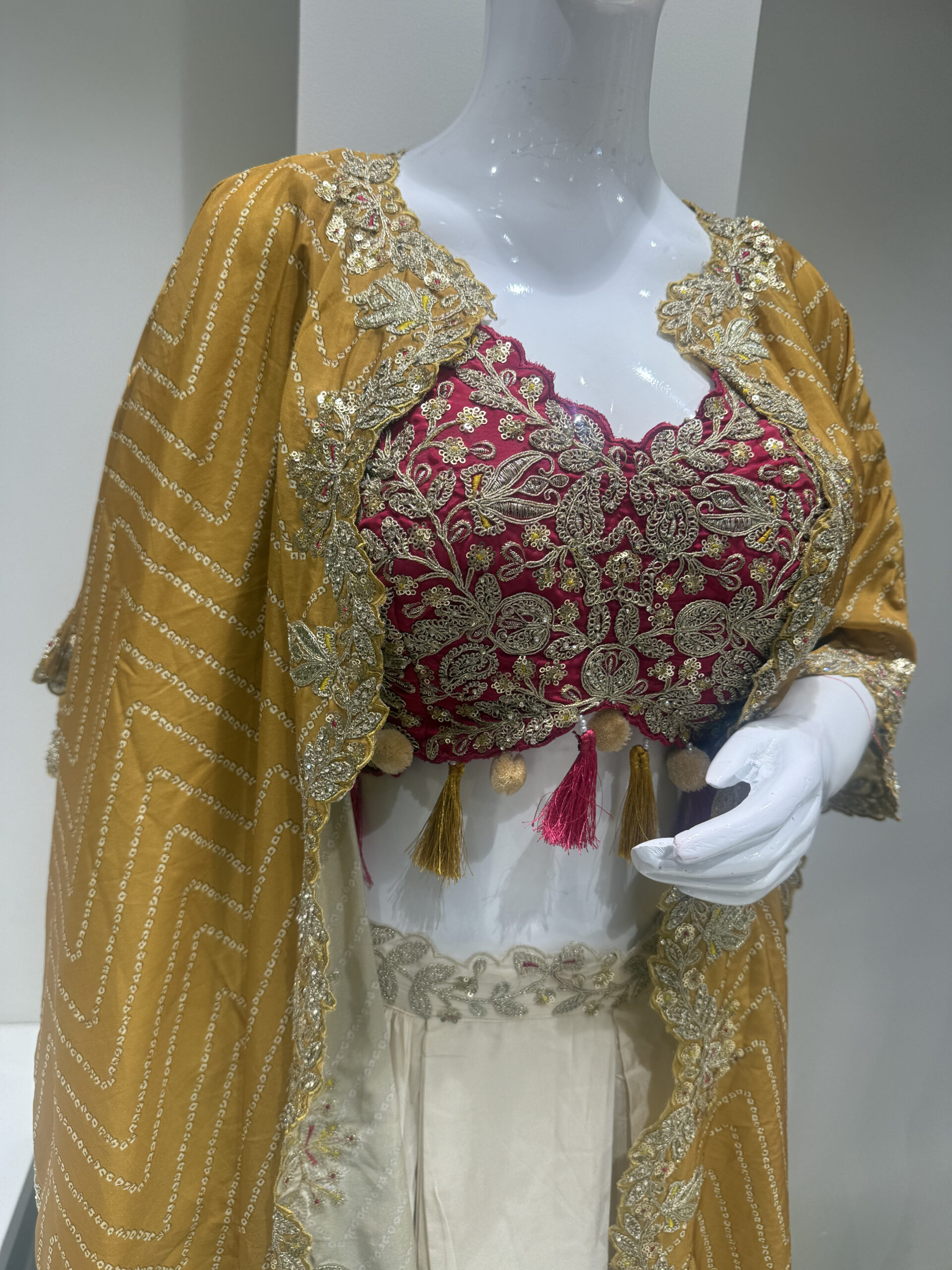 Mustard Yellow Designer Embroidered Cape with Magenta Blouse & Cream Lehenga Set - Image 7