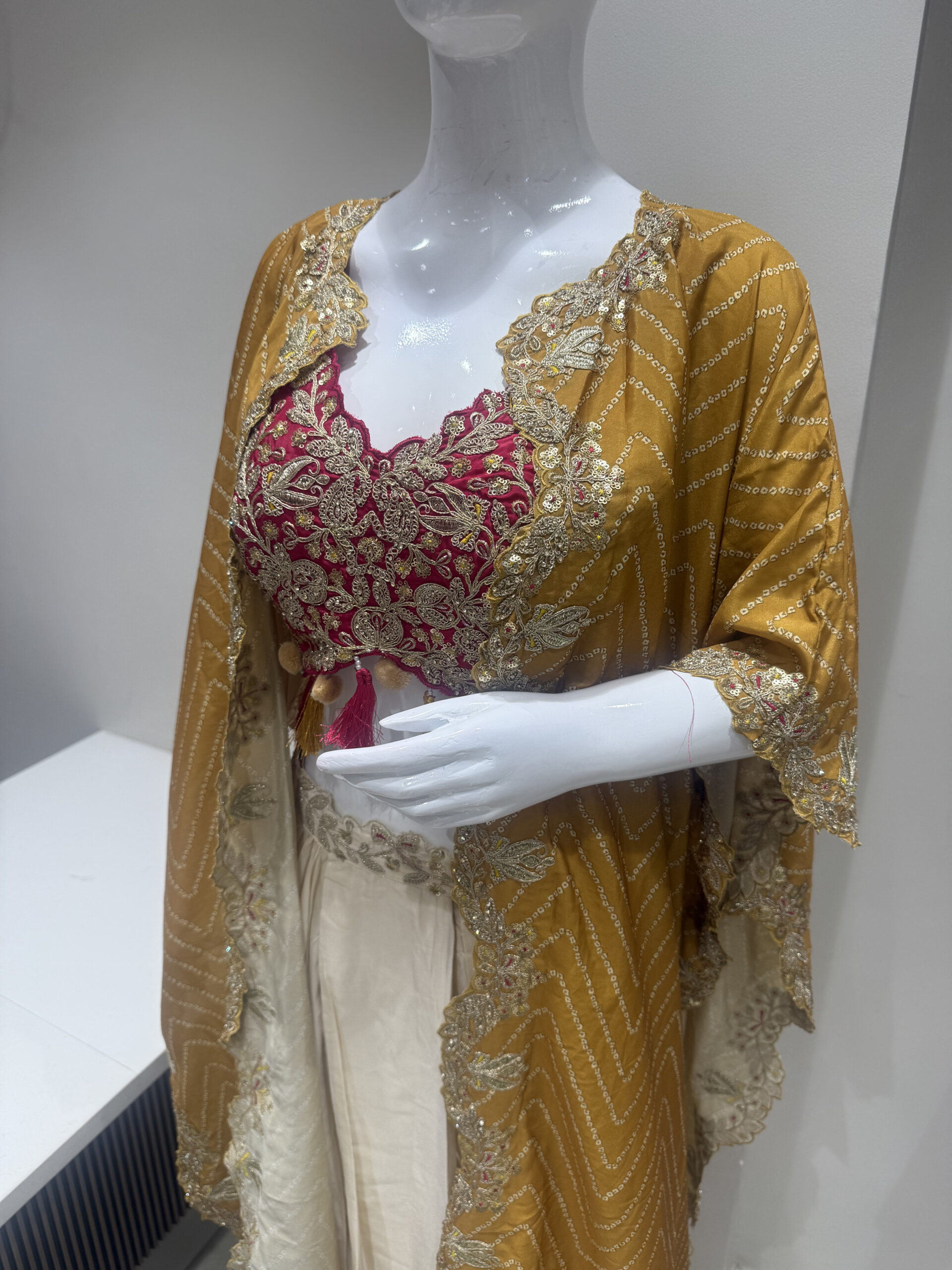 Mustard Yellow Designer Embroidered Cape with Magenta Blouse & Cream Lehenga Set - Image 8
