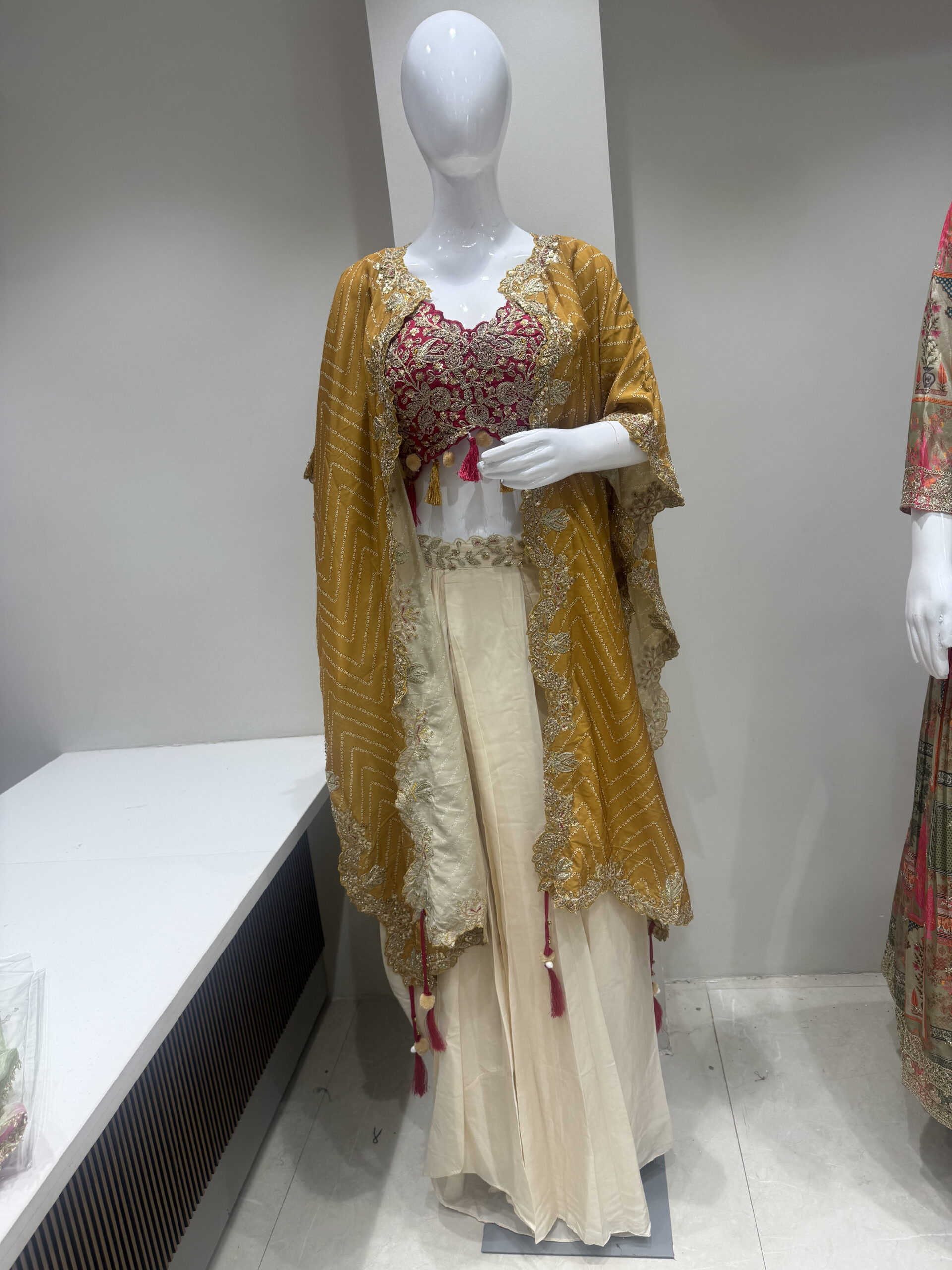 Mustard Yellow Designer Embroidered Cape with Magenta Blouse & Cream Lehenga Set - Image 9
