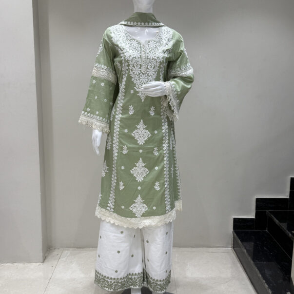 Women's Sage Green Embroidered Kurta Palazzo Set with Dupatta