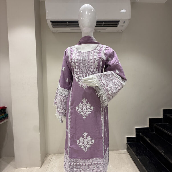 Women's Lavender Embroidered Kurta Palazzo Set with Chiffon Dupatta