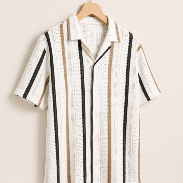 White & Black Striped Crochet Casual Shirt