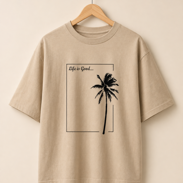 Men’s Beige Oversized T-Shirt – Life Is Good Palm Tree Graphic Print