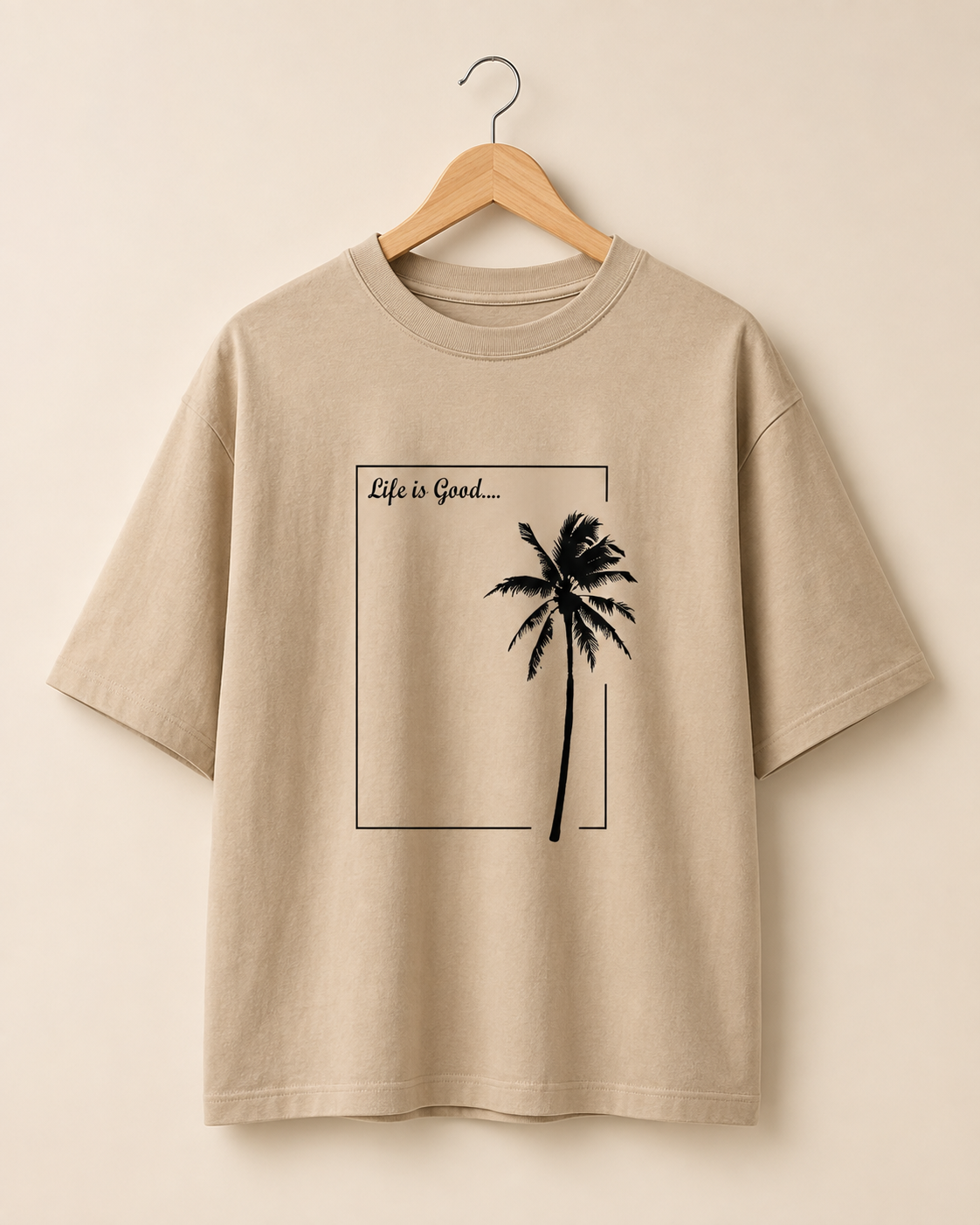 Men’s Beige Oversized T-Shirt – Life Is Good Palm Tree Graphic Print