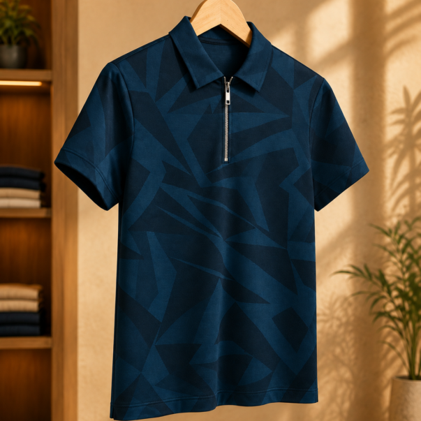 Men's Navy Blue Printed Half-Zip Polo T-Shirt