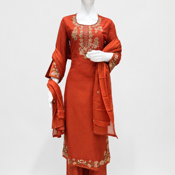 Rust Orange Floral Embroidered Straight Kurti