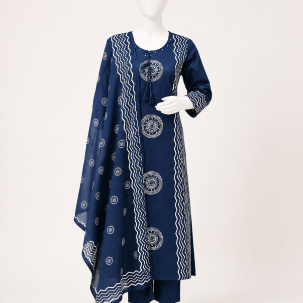 Navy Blue Printed Cotton Kurta Pant Set with Dupatta