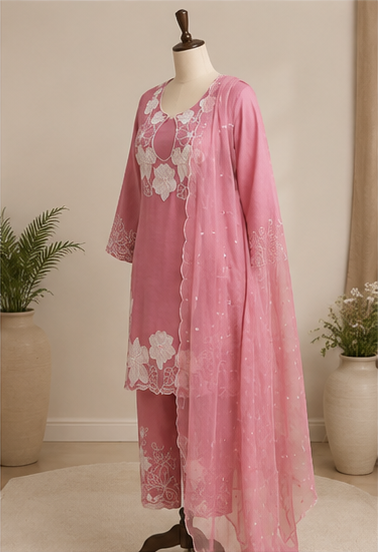 Pink Floral Embroidered Cotton Kurta Pant Set with Organza Dupatta