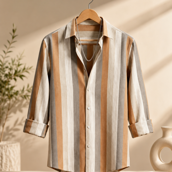 Beige & White Striped Linen-Style Casual Shirt