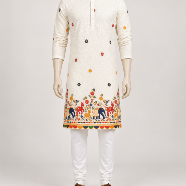 Ivory Embroidered Ethnic Kurta with Traditional Border