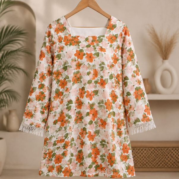 Floral Printed A-Line Kurti with Fringe Sleeves