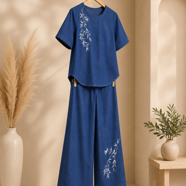 Women’s Denim Co-Ord Set – Embroidered Round Neck Top & Wide-Leg Pants